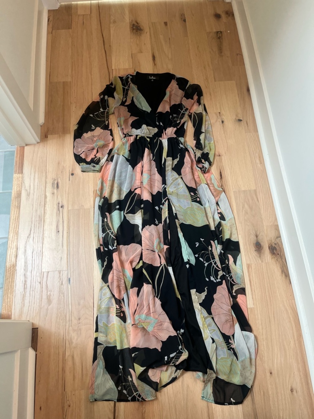 Lulu's Black Floral Wrap Maxi Dress with Coral & Mint Blooms